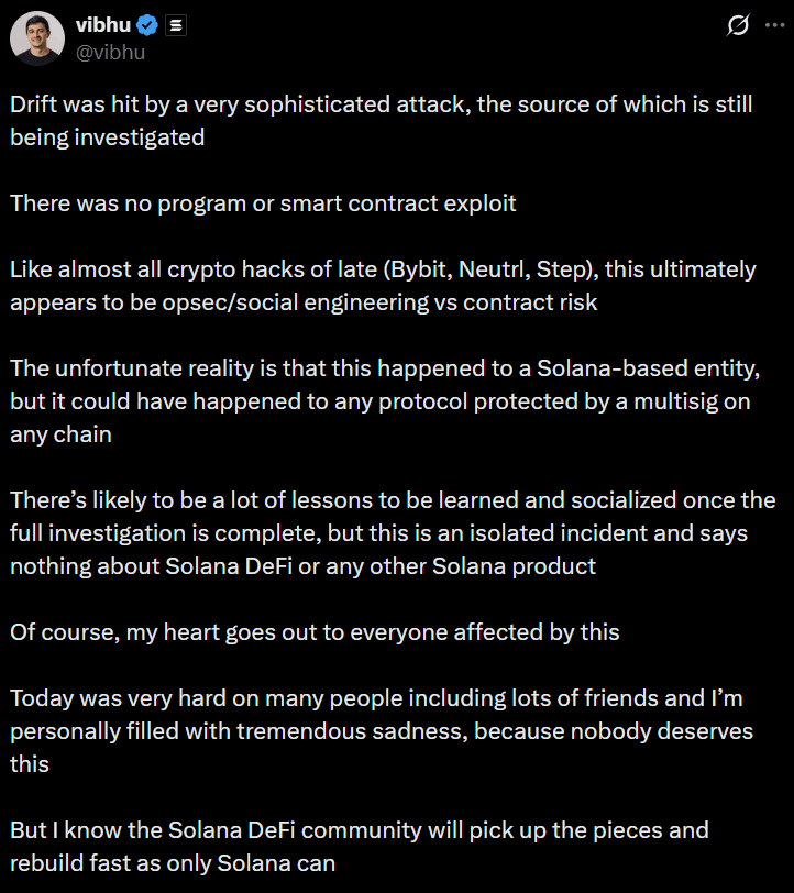 Screenshot of a tweet from @vibhu regarding a hacker attack on Drift: not a smart contract exploit, but social engineering.