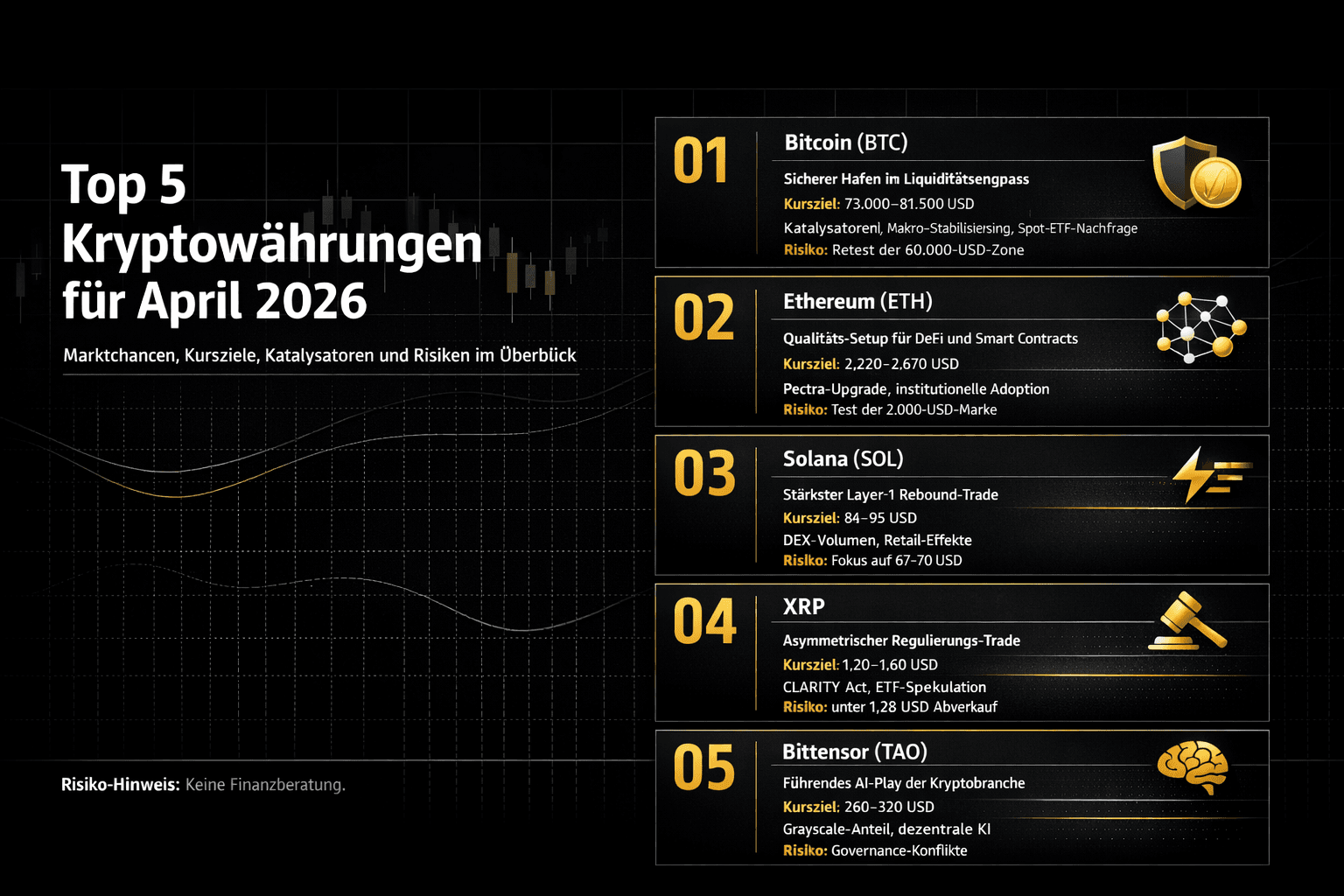 Ranking: Top 5 cryptocurrencies for April 2026 (Bitcoin, Ethereum, Solana, XRP, Bittensor) with market opportunities, price targets, catalysts, and risks.